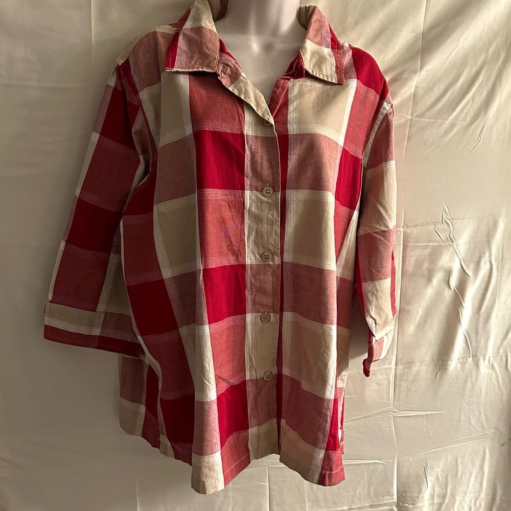 New 2X speculation plus Red/White Plaid Collared Button-Up Top #1875*8